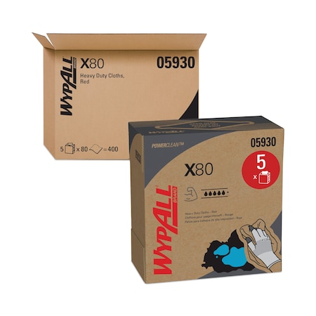 Wypall X80 Cloths with HYDROKNIT, 9.1 x 16.8, Red, Pop-Up Box, PK400 412-05930